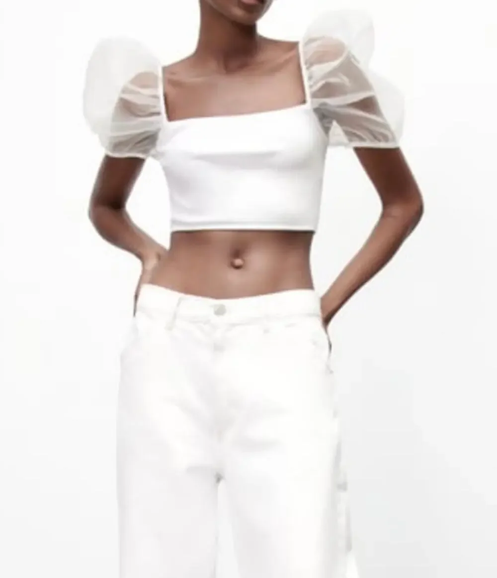 Zara White Ribbed Knit Organza Sheer Puff Sleeve Crop Top Blouse Size Small